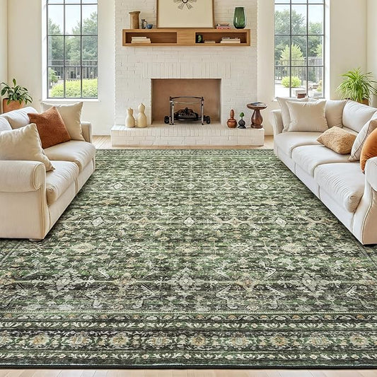 Lofus 10x14 Area Rug for Living Room,Green Washable Large Rugs with Non-Slip Backing,Soft Boho Carpets for Bedroom Dining Room Home Office Indoor Nursery