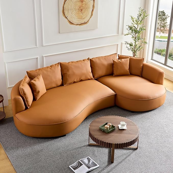 WILLIAMSPACE 124.8" Leather Curved Sofa Couch, Modern Upholstery Luxury Sofa with Pillows, Left Hand Facing Sectional Couch for Living Room (Right-Facing,Orange Leather)
