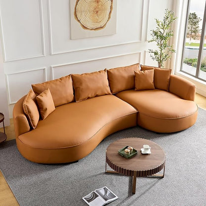 WILLIAMSPACE 124.8" Leather Curved Sofa Couch, Modern Upholstery Luxury Sofa with Pillows, Left Hand Facing Sectional Couch for Living Room (Right-Facing,Orange Leather)