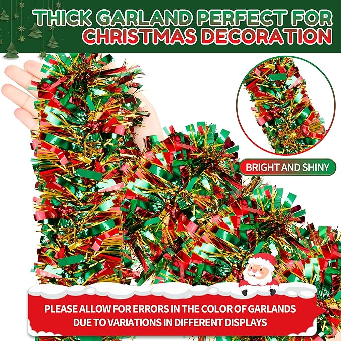50 Ft Christmas Tinsel Garland Thick Tinsel Garland Xmas Tree Decorations Metallic Tinsel Twist Garland for Christmas, Birthday, Party Decor Indoor Outdoor Party Supplies