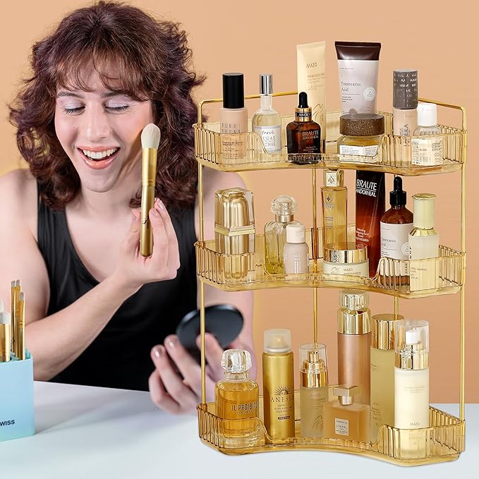 Corner Bathroom Counter Organizer Bathroom Countertop Shelf Makeup Organizer for Vanity Perfume Corner Storage (3 Tiers, Gold)