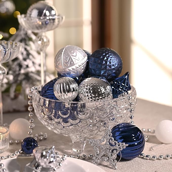 Valery Madelyn 100ct Christmas Tree Decorations Ball Ornament Set, Navy Blue Silver Shatterproof Hanging Ornaments Bulk for Xmas Holiday Party Decor
