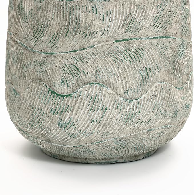 LuxenHome 14" Dia Rustic Weathered Cement Round Planter, Large Outdoor Indoor Plant Pot with Drainage Hole and Rubber Plug, Distressed Decorative Flower Pot for Home Garden Patio Porch