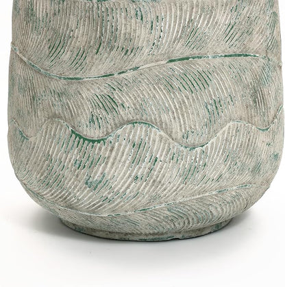 LuxenHome 14" Dia Rustic Weathered Cement Round Planter, Large Outdoor Indoor Plant Pot with Drainage Hole and Rubber Plug, Distressed Decorative Flower Pot for Home Garden Patio Porch