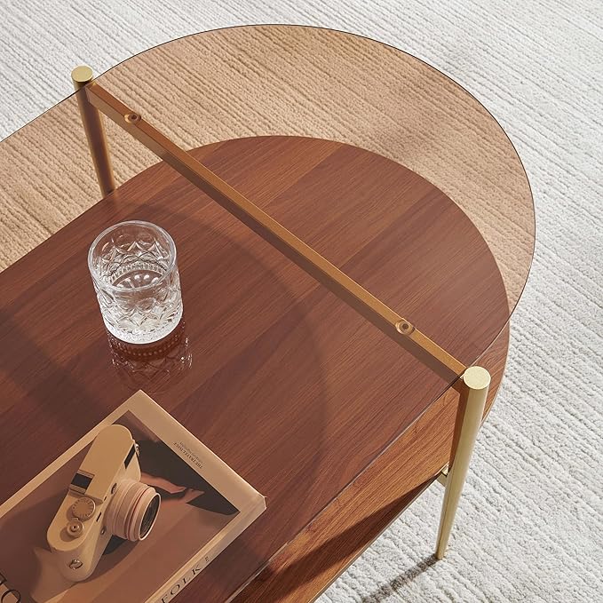 X-Large Oval Glass Coffee Table, Mid-Century Modern Design, L47 x W24 x H17 inch, for Living Room, Amber Glass Top and Walnut Finish Wood Shelf, Conical Legs with Gold Finish Frame