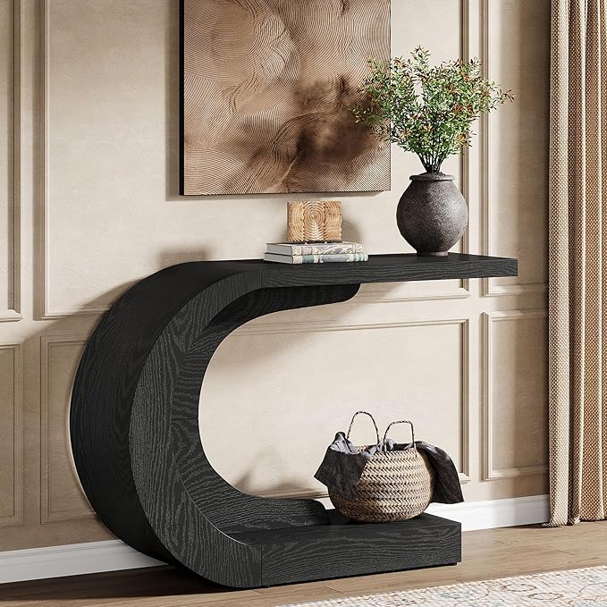 Tribesigns 43.3" Farmhouse Console Table for Entryway, Unique C-Shaped Rustic Sofa Table Behind Couch with Storage for Living Room, Hallway, Entry, Entrance, Foyer, Easy Assembly, Black