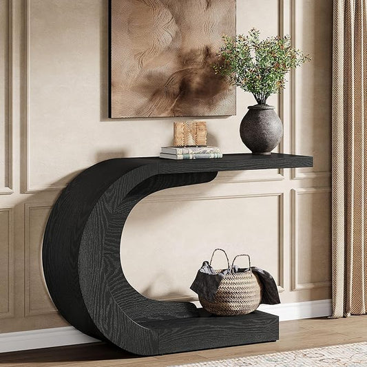 Tribesigns 43.3" Farmhouse Console Table for Entryway, Unique C-Shaped Rustic Sofa Table Behind Couch with Storage for Living Room, Hallway, Entry, Entrance, Foyer, Easy Assembly, Black