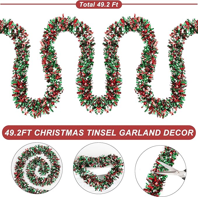 50 FT Christmas Tinsel Garland for Christmas Tree Decorations, Red Green Silver Metallic Twist Shiny Hanging Xmas Garlands for Stairs Mantle Fireplace Home Indoor Outdoor Holiday Party Suppliers Decor
