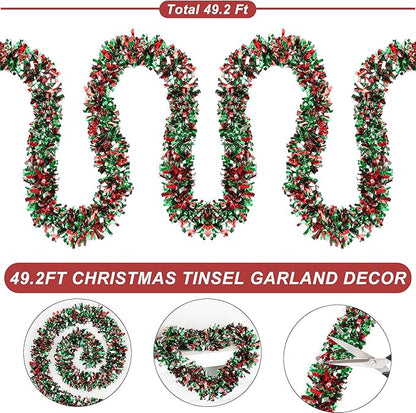 50 FT Christmas Tinsel Garland for Christmas Tree Decorations, Red Green Silver Metallic Twist Shiny Hanging Xmas Garlands for Stairs Mantle Fireplace Home Indoor Outdoor Holiday Party Suppliers Decor