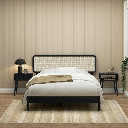 NTC Lupin Wooden Bed Frame with Headboard and Natural Rattan, Solid Oak Foundation with Silent Slats, 1000 Lb Capacity, Effortless Assembly, Queen - Burnt Black