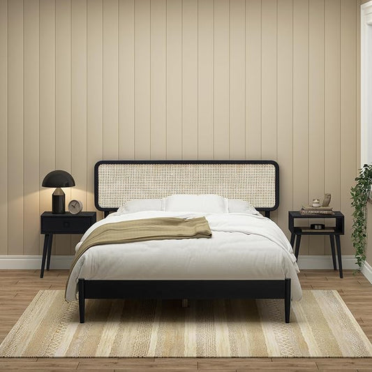 NTC Lupin Wooden Bed Frame with Headboard and Natural Rattan, Solid Oak Foundation with Silent Slats, 1000 Lb Capacity, Effortless Assembly, Queen - Burnt Black