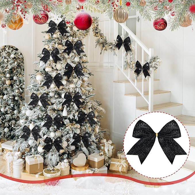 Cindeer 24 Pcs Black Christmas Bow Decorations 6 x 6 Inches, Glitter Holiday Ornaments Sequin Ties Bows for Xmas Tree, Wreath, DIY Crafts, Party Decor, Gift Wrapping