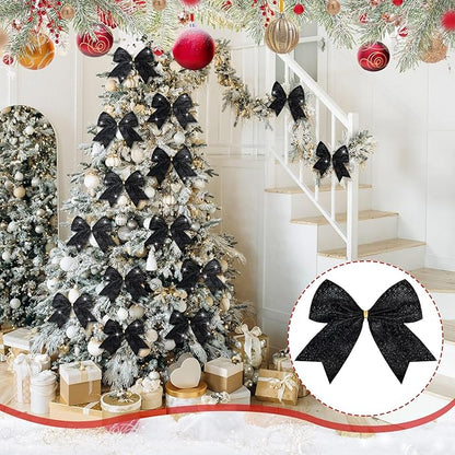 Cindeer 24 Pcs Black Christmas Bow Decorations 6 x 6 Inches, Glitter Holiday Ornaments Sequin Ties Bows for Xmas Tree, Wreath, DIY Crafts, Party Decor, Gift Wrapping
