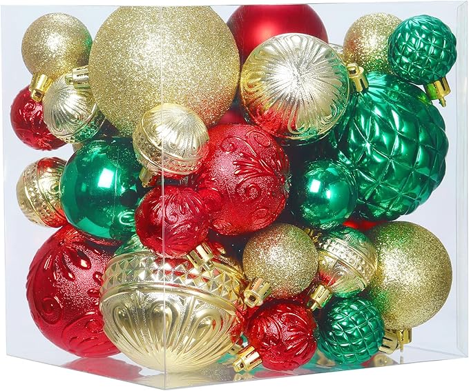 Christmas Ball Ornaments Red Green Gold Christmas Tree Decorations with Hang Rope-36pcs Shatterproof Christmas Ornaments Set with 6 Styles in 3 Sizes(Small Medium Large)