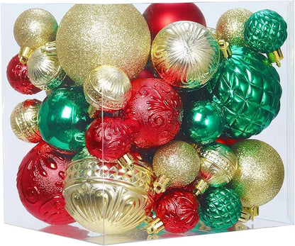Christmas Ball Ornaments Red Green Gold Christmas Tree Decorations with Hang Rope-36pcs Shatterproof Christmas Ornaments Set with 6 Styles in 3 Sizes(Small Medium Large)