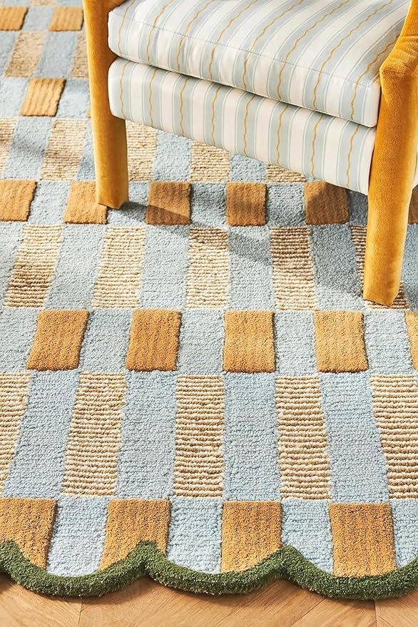 Hand-Tufted Wool Rug with Scalloped Edges, Light Blue Plaid Pattern, Cozy Soft Area Rug for Living Room, Bedroom, and Nursery, Handmade Modern Accent Rug, 8x8 Ft (Square)