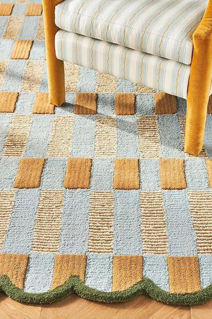 Hand-Tufted Wool Rug with Scalloped Edges, Light Blue Plaid Pattern, Cozy Soft Area Rug for Living Room, Bedroom, and Nursery, Handmade Modern Accent Rug, 2.5x10 Ft (Runner)