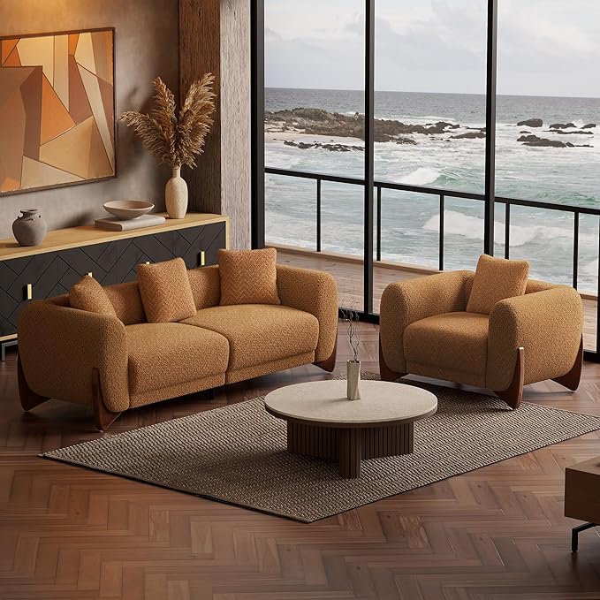 Morden Fort Boucle Armchair, Modern Upholstered Sofa Chair Wooden Leg with Durable Comfy Boucle Pet-Friendly 25'' Deep Seat & Pillow Couch Accent Chairs for Living Room Bedroom Reading, Beige