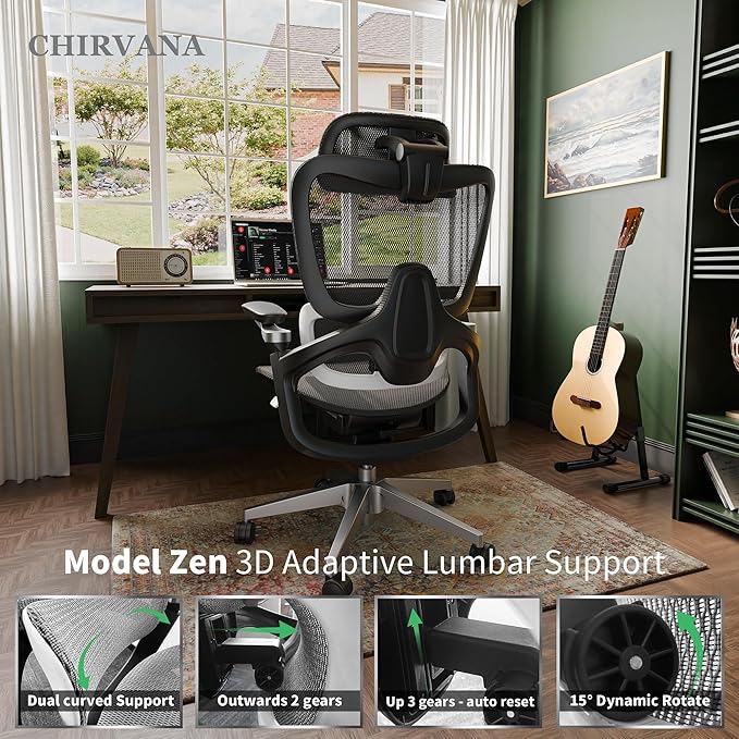Ergonomic Office Chair, Big and Tall Mesh Home Desk Chair with Adjustable Lumbar Support, Gaming Chair with Headrest, 5D Armrest,90-130°Tilt, BIFMA Certified, Model Zen (Grey)