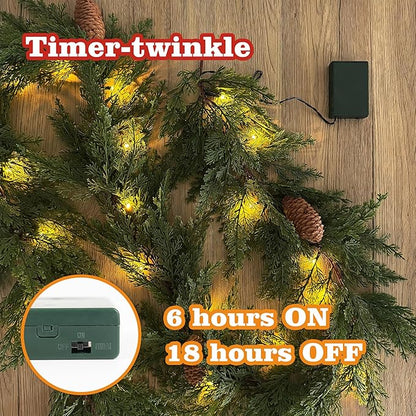 6 FT Christmas Garland with Lights, Battery Operated Pre-Lit Pine Cone Greenery, 20 Warm LEDs Artificial Xmas Decor with Timer, Holiday Decoration for Indoor Mantel Staircase Doorway Window