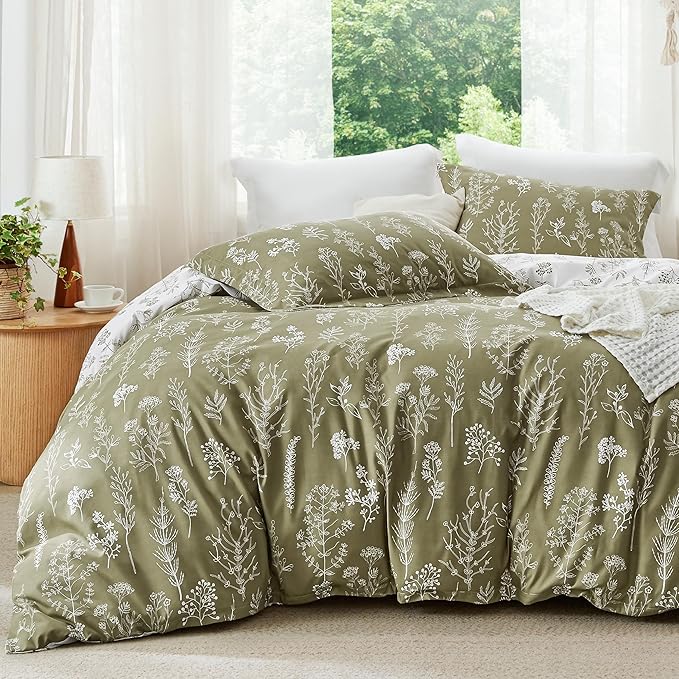 Bedsure King Comforter Set - Olive Green Bed Set, 3 Pieces Cute Floral Bedding, 1 Soft Reversible Botanical Flowers Comforter and 2 Pillow Shams