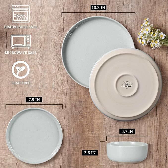 HaWare Stoneware Dinnerware Sets, 12-Piece Plates and Bowls Set for 4, Dishes Set for Home Restaurant, Speckled Misty Grey