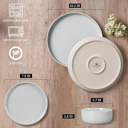 HaWare Stoneware Dinnerware Sets, 12-Piece Plates and Bowls Set for 4, Dishes Set for Home Restaurant, Speckled Misty Grey