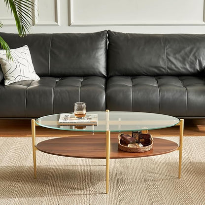 Saint Mossi Olive Glass Coffee Table for Living Room, Mid Century Modern Center Table, Surfboard Clear Glass & Coffee Brown MDF Bottom Shelf with Rounded Corners, L41xW21xH17, Gold Table Legs