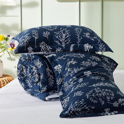 Bedsure King Comforter Set - Navy Bed Set, 3 Pieces Cute Floral Bedding, 1 Soft Reversible Botanical Flowers Comforter and 2 Pillow Shams