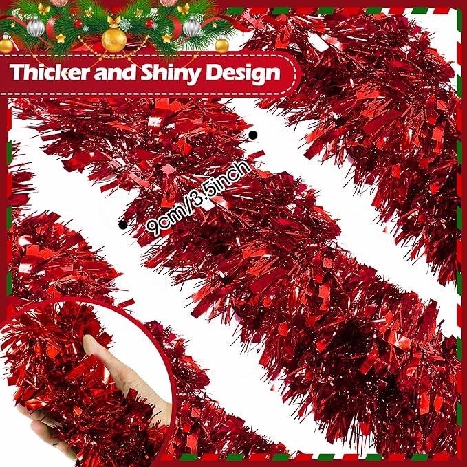 50FT Red Tinsel Christmas Garland Metallic Twist Garland Shiny Hanging Tinsel for Christmas Tree Party Supplies Indoor Outdoor Home Xmas Decoration (Red)