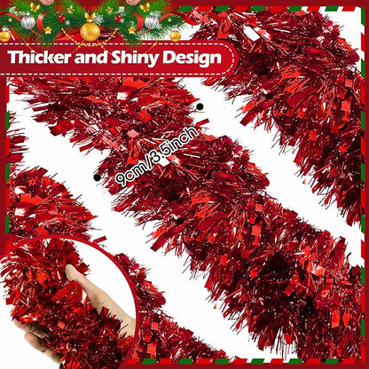 50FT Red Tinsel Christmas Garland Metallic Twist Garland Shiny Hanging Tinsel for Christmas Tree Party Supplies Indoor Outdoor Home Xmas Decoration (Red)