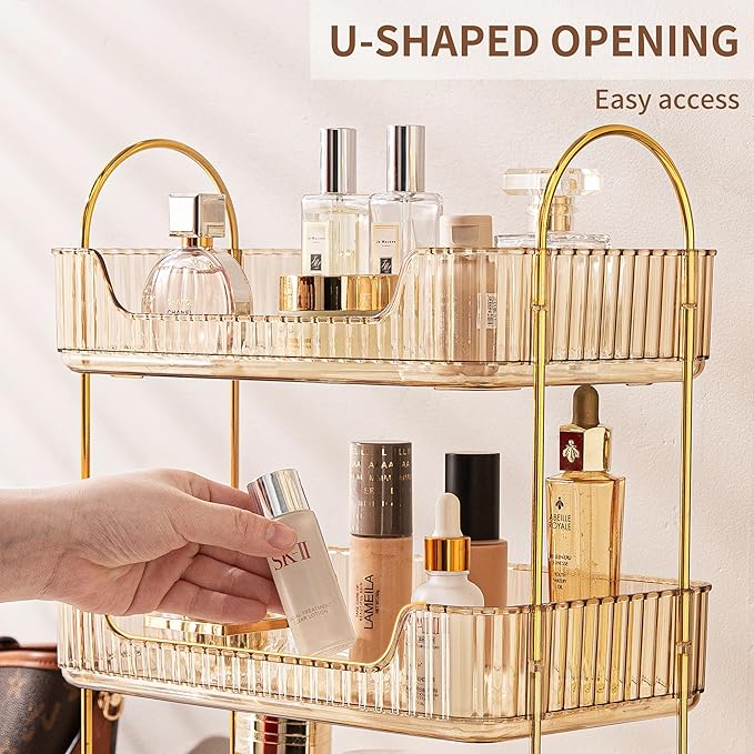 2 Tier Bathroom Organizer Countertop Makeup Perfume Skincare Organizer for Bathroom Dresser Vanity (Gold)