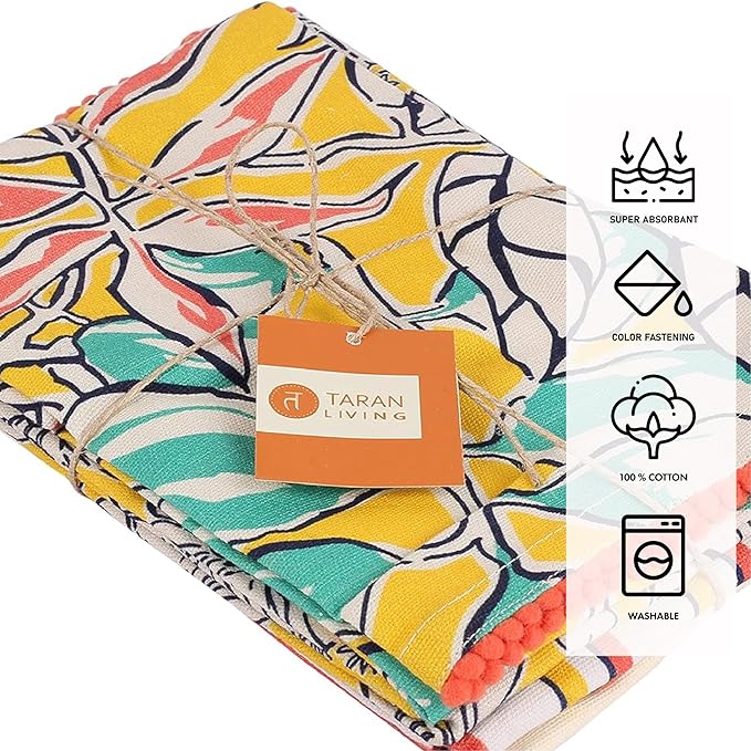 TARAN LIVING Valentine's Printed Kitchen Dish Bar and Tea Towels Cotton, 18x28 inch with Trims, Cotton Dish Towel Sets (Yellow, Set of 4)