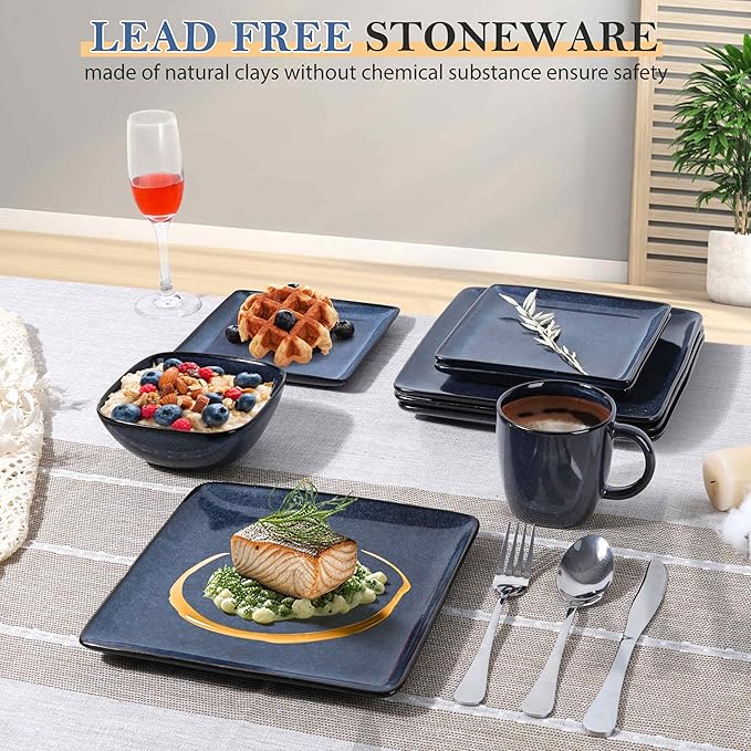 LIANYU 16 Piece Square Dinnerware Sets, Ceramic Plates and Bowls Sets for 4, Dinner Dishes for Kitchen Dining, Microwave & Dishwasher Safe, Sapphire Blue