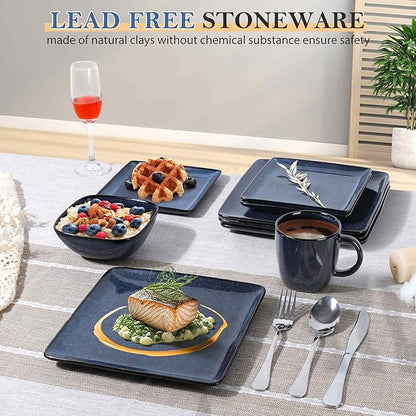 LIANYU 16 Piece Square Dinnerware Sets, Ceramic Plates and Bowls Sets for 4, Dinner Dishes for Kitchen Dining, Microwave & Dishwasher Safe, Sapphire Blue