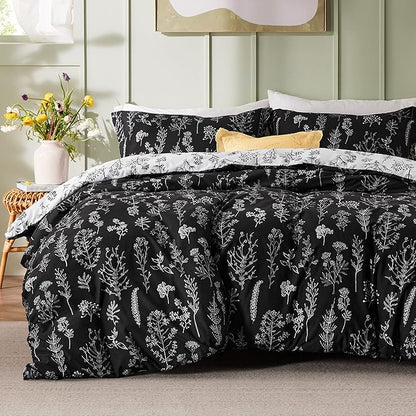 Bedsure Queen Comforter Set - Black Bed Set, 3 Pieces Cute Floral Bedding, 1 Soft Reversible Botanical Flowers Comforter and 2 Pillow Shams