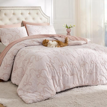 Bedsure Queen Comforter Set, Pink Boho Tufted Bed Set, 3D Puffy Jacquard Bedding Queen Size, 3 Pieces, 1 Farmhouse Shabby Chic Embroidery Comforter with Bow Pattern & 2 Pillow Cases