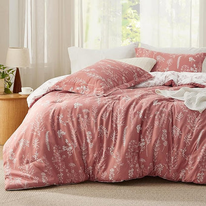 Bedsure Twin/Twin XL Comforter Set - Grayish Pink Bed Set, 2 Pieces Cute Floral Bedding, 1 Soft Reversible Botanical Flowers Comforter and 1 Pillow Sham