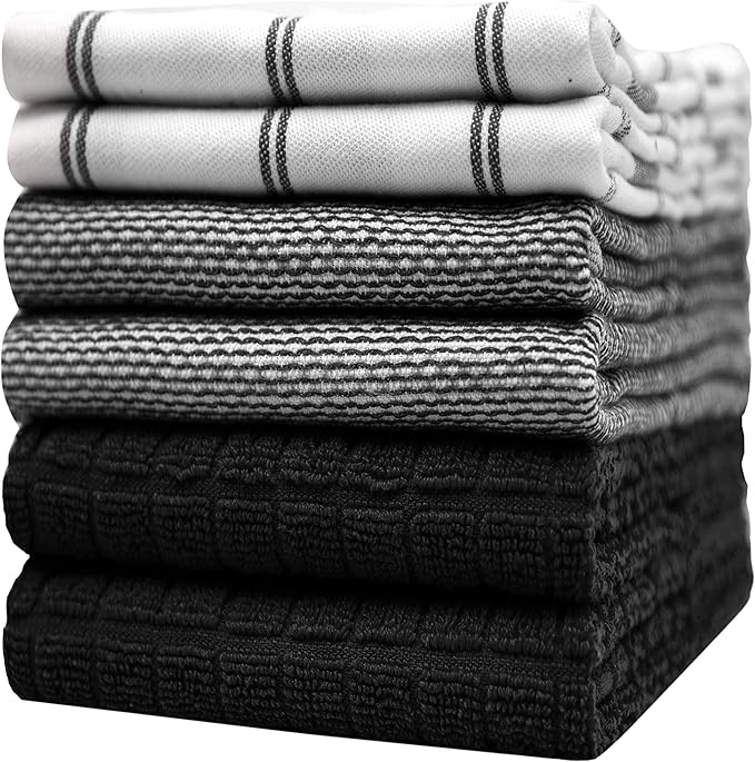 Premium Kitchen Towels 6 Pack Large Cotton Flat Terry Absorbent Tea Towels with Hanging Loop Black Check 20x28