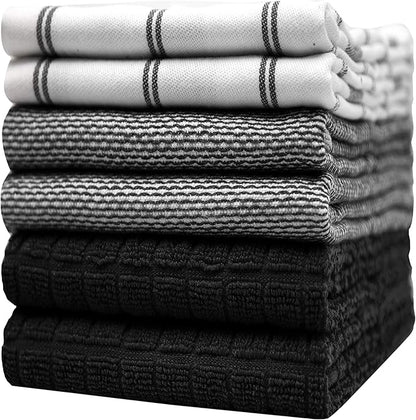 Premium Kitchen Towels 6 Pack Large Cotton Flat Terry Absorbent Tea Towels with Hanging Loop Black Check 20x28
