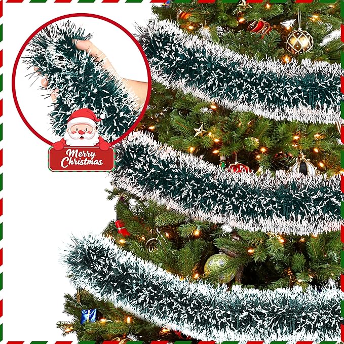 50FT Tinsel Christmas Garland Metallic Twist Garland Shiny Hanging Tinsel for Christmas Tree Party Supplies Indoor Outdoor Home Xmas Decoration (Green/White)