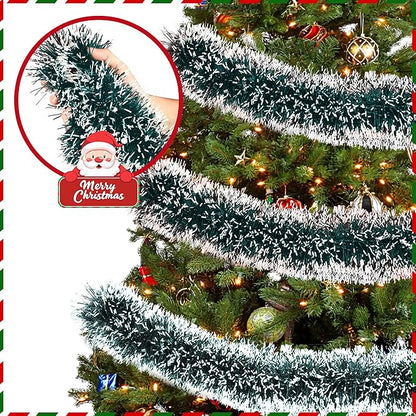 50FT Tinsel Christmas Garland Metallic Twist Garland Shiny Hanging Tinsel for Christmas Tree Party Supplies Indoor Outdoor Home Xmas Decoration (Green/White)