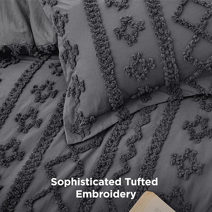 Bedsure Tufted Boho Comforter Set Twin Size - Dark Grey Boho Bed Set, GentleSoft™ 2 Pieces Farmhouse Shabby Chic Embroidery Bedding, Gifts for Woman, Soft Jacquard Twin Comforter for All Seasons