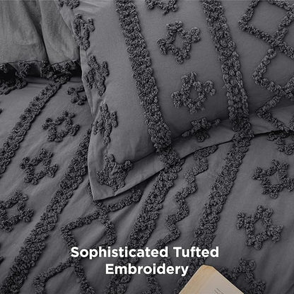 Bedsure Tufted Boho Comforter Set Twin Size - Dark Grey Boho Bed Set, GentleSoft™ 2 Pieces Farmhouse Shabby Chic Embroidery Bedding, Gifts for Woman, Soft Jacquard Twin Comforter for All Seasons