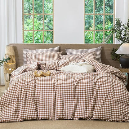 MooMee Gingham Duvet Cover Set 100% Washed Cotton Linen Like Textured Breathable Durable Soft Comfy Modern Checkered Design (Dark Orange Gingham, Twin 68"x90")