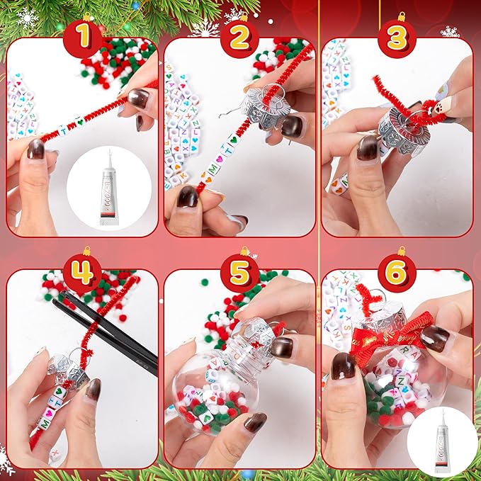 Y1tvei Christmas Ornament Ball Kit - 41Pcs Clear Plastic Fillable DIY Beads Craft Set Pipe Cleaners Pom Poms and Bows Letter Bead Charms Christmas Decor Design, Handmade Making for Party Birthday Gift