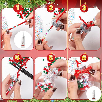 Y1tvei Christmas Ornament Ball Kit - 41Pcs Clear Plastic Fillable DIY Beads Craft Set Pipe Cleaners Pom Poms and Bows Letter Bead Charms Christmas Decor Design, Handmade Making for Party Birthday Gift