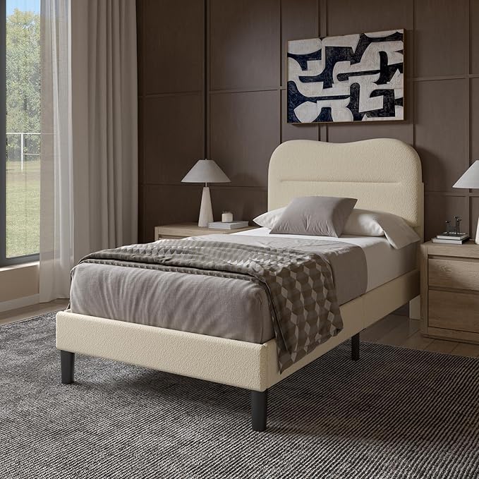 Twin Bed Frames with Headboard, Upholstered Bed Frame Twin, Teddy Soft Boucle Fabric Twin Size bedframes, Soft Cloud Marshmallow Shape Upholstered Headboard, No Box Spring Needed, Noise Free (Beige)