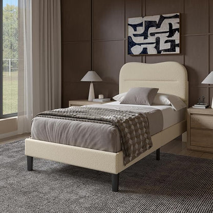 Twin Bed Frames with Headboard, Upholstered Bed Frame Twin, Teddy Soft Boucle Fabric Twin Size bedframes, Soft Cloud Marshmallow Shape Upholstered Headboard, No Box Spring Needed, Noise Free (Beige)
