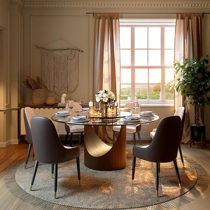 POVISON 51" Round Dining Table for 4 with 23" Lasy Susan, Glass Tabletop Dining Table with Bronze Carbon Steel Pedestal, Modern Dining Room Table for Kitchen, Living Room (Table Only)